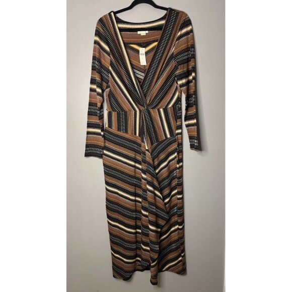 Anthropologie Dresses & Skirts - NWT Anthropologie Dress Womens Size XL Brown Striped Deep V-neck Long Faux Wrap